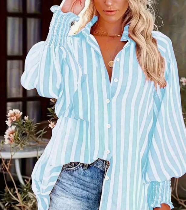 Women's Striped Printed Washed Vintage Style Loose Casual Long Sleeve Shirt Spring